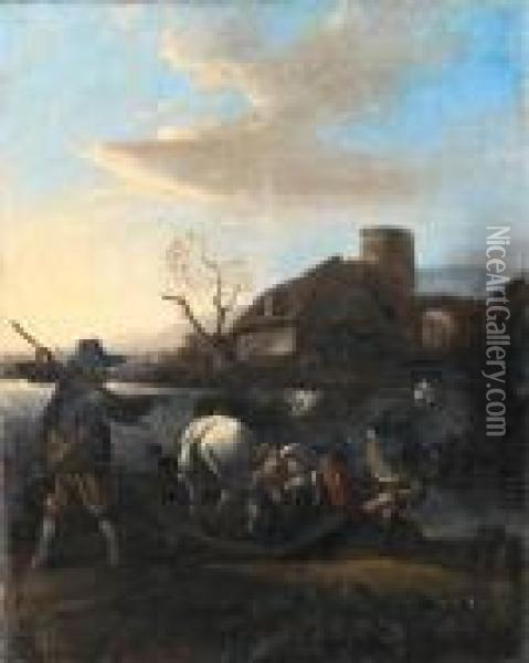 Peasants Crossing A River On A Boat With Adonkey, A Village In The Distance Oil Painting - Jan Miel