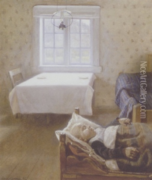 Interior Med Sovende Barn Oil Painting - Asor (Henrik A.) Hansen