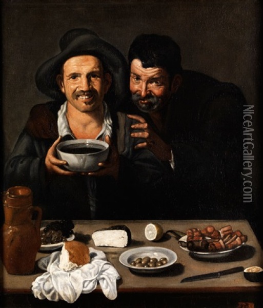 Zwei Bauerliche Manner Vor Einem Tisch Mit Arrangierten Speisen Oil Painting - Francisco de Burgos Mantilla