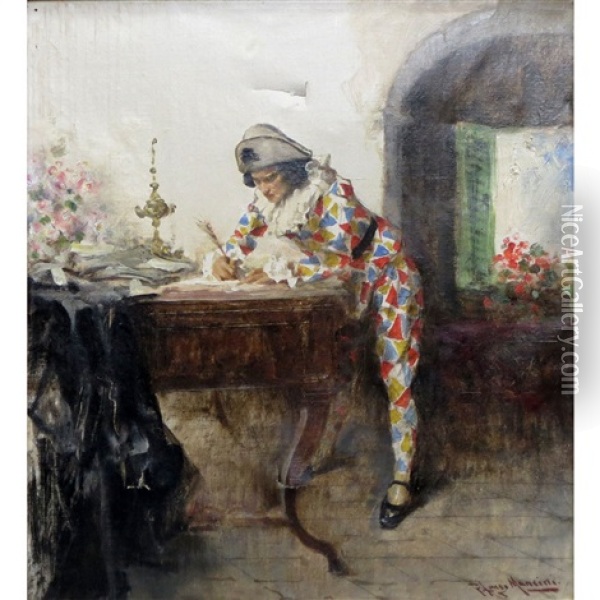 Harlequin Writing A Letter Oil Painting - Francesco Longo Mancini