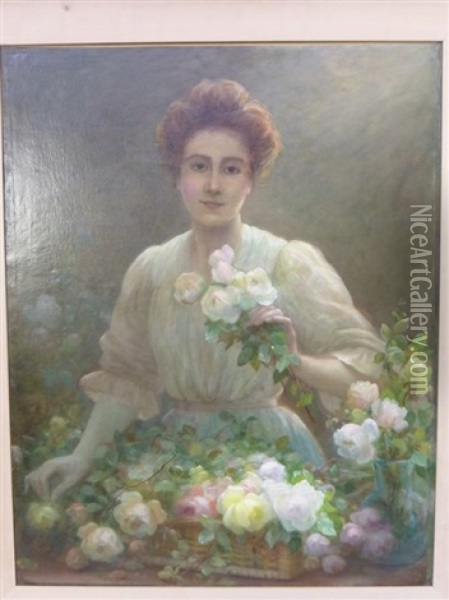 Portrait D'une Jeune Femme Tenant Des Roses Oil Painting - Marthe Elizabeth Barbaud-Kock