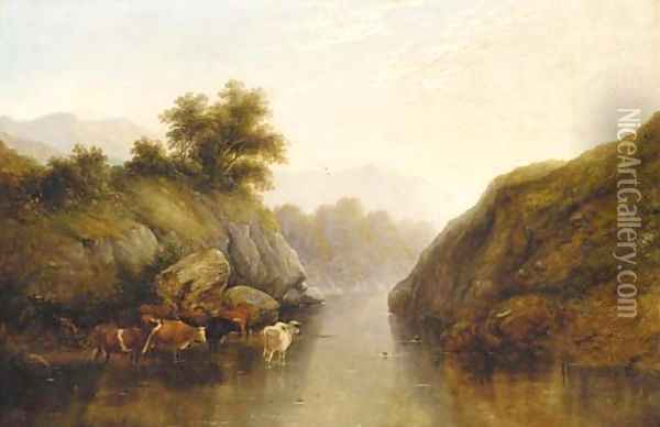Cattle watering in a river valley landscape Oil Painting - George Snr Cole