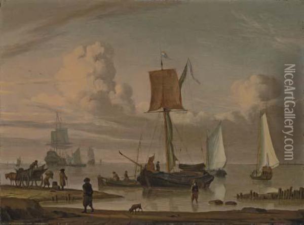 Dutch Shipping By A Shore With Figures Unloading A Wagon Oil Painting - Jacob Esselens
