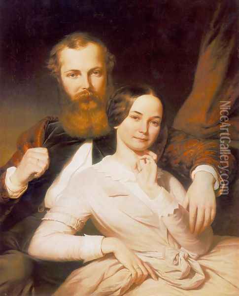 Composer Mihaly Mosonyi and his Wife 1840s Oil Painting - Henrik Weber