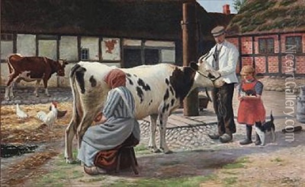 Farm Idyll With A Cow Being Milked In The Yard Oil Painting - Lars Soren Jensen Rastrup
