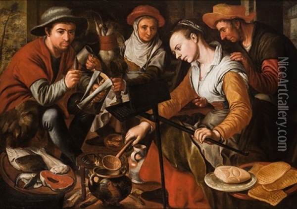 Escena De Cocina Flamenca Oil Painting - Pieter Aertsen