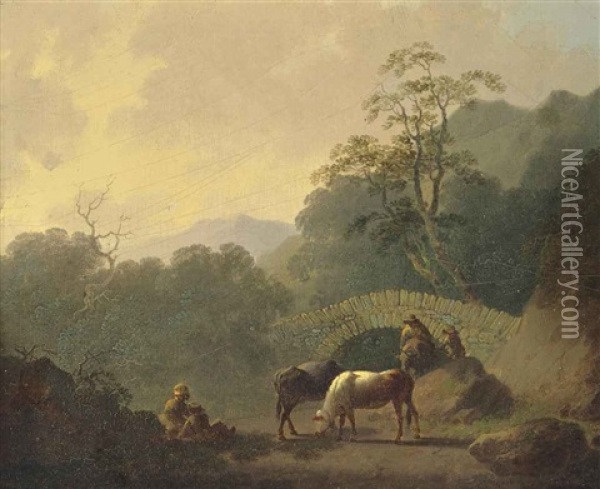 A Wooded Landscape With Drovers And Their Cattle At Rest Before A Bridge Oil Painting - John Rathbone