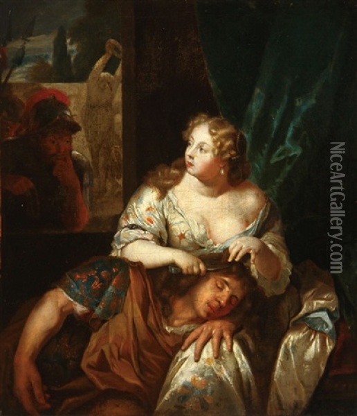 Samson And Delilah Oil Painting - Caspar Netscher