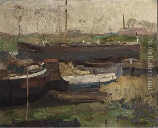 Moored Boats In A Canal Oil Painting - Armand Apol