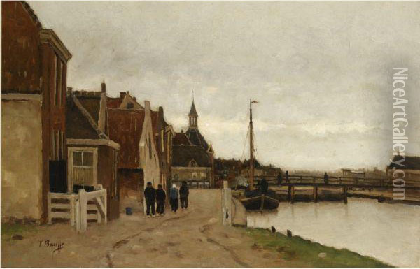 A Dutch Townview With Figures Along A Canal Oil Painting - Victor Bauffe