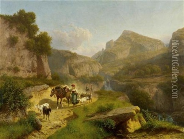 Hirten Mit Herde Auf Einem Bergpfad Oil Painting - Andras Marko