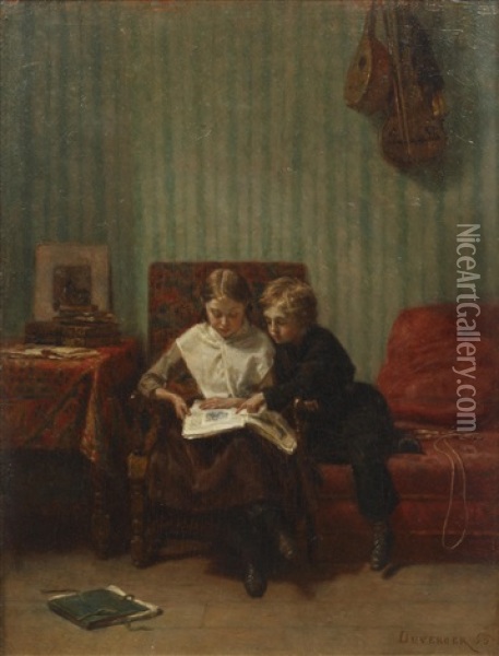 Two Children Reading In An Interior Oil Painting - Theophile Emmanuel Duverger