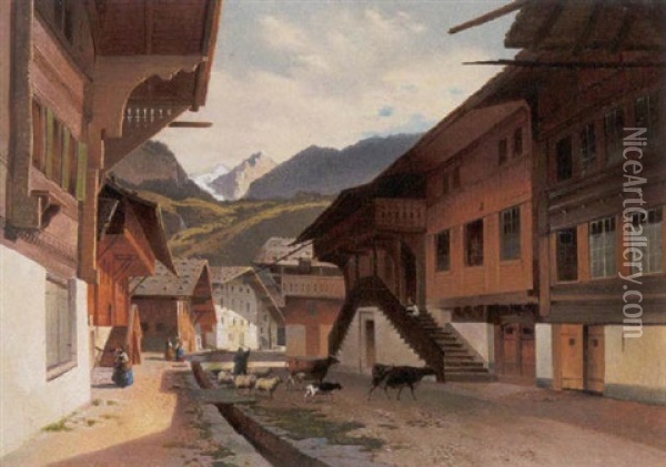 Gezicht Te Meyringen, Zwitserland Oil Painting - Jean Francois Xavier Roffiaen