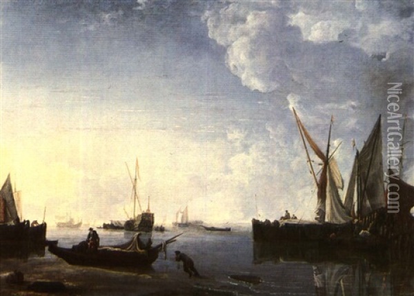 Dutch Shipping In A Calm At Sunset With Figures On The      Shore Oil Painting - Hendrik Jacobsz Dubbels
