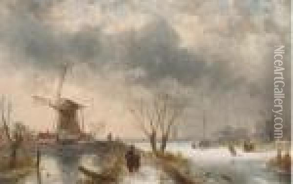 A Frozen Winter Landscape Oil Painting - Charles Henri Leickert