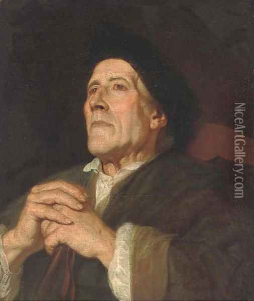 Portrait of a gentleman, seated, quarter-length, in a green robe and black cap Oil Painting - English School
