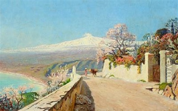 View Of Sicily With Mount Etna In The Background Oil Painting - Olaf Viggo Peter Langer