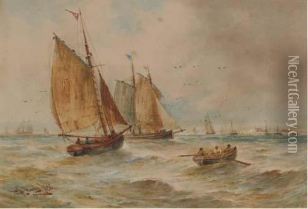 Fishing Vessels In Coastal Waters Oil Painting - Thomas Bush Hardy