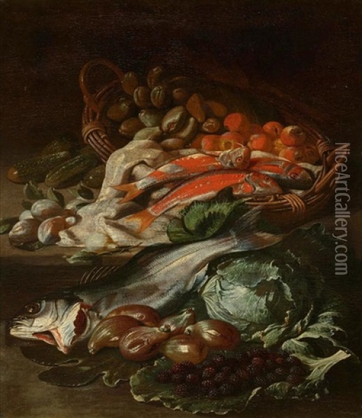 Stillleben Mit Fischen Und Fruchten In Einem Korb Oil Painting - Giuseppe Recco
