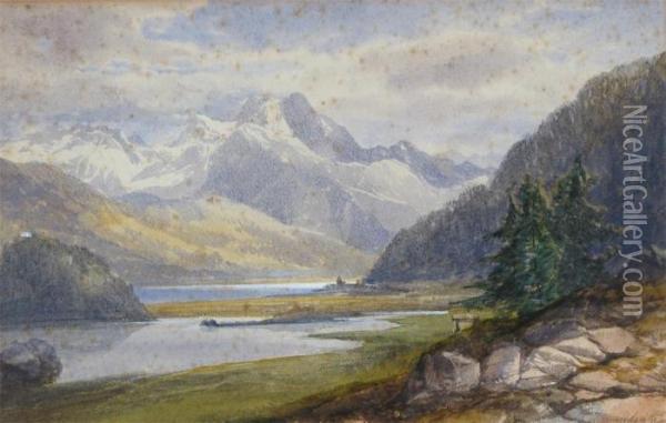Lake Landscape With Mountains Beyond Oil Painting - James Burrell-Smith