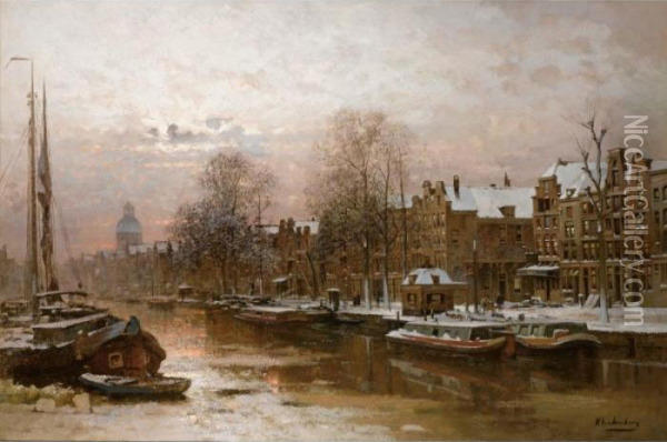 Snow Covered Barges On The Singel, Amsterdam Oil Painting - Johannes Christiaan Karel Klinkenberg