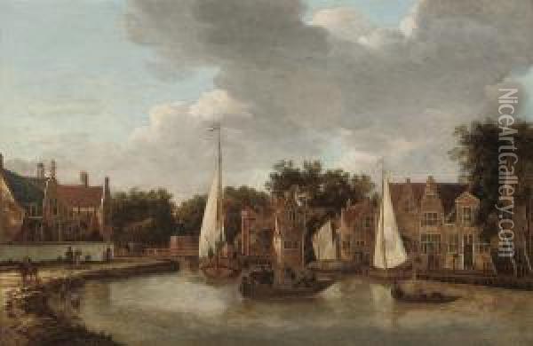 A View Of Amsterdam With Ferries Crossing A River Oil Painting - Rutger Verburgh