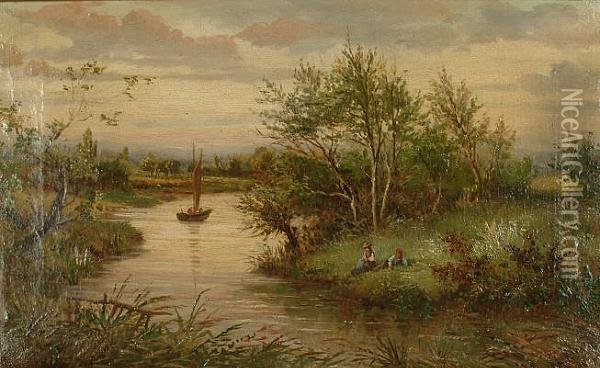 Figures Resting By A River In A Country Landscape Oil Painting - John Barclay