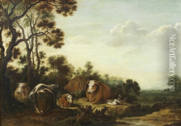 Cattle Resting In An Extensive River Landscape Oil Painting - Gillis Claesz De Hondecoeter