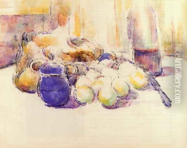 Blue Pot And Bottle Of Wine Aka Still Life With Pears And Apples Covered Blue Jar And A Bottle Of Wine Oil Painting - Paul Cezanne