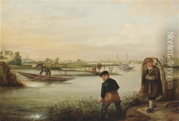 A River Landscape With Fishermen At Work, Emptying Their Nets Oil Painting - Arent (Cabel) Arentsz