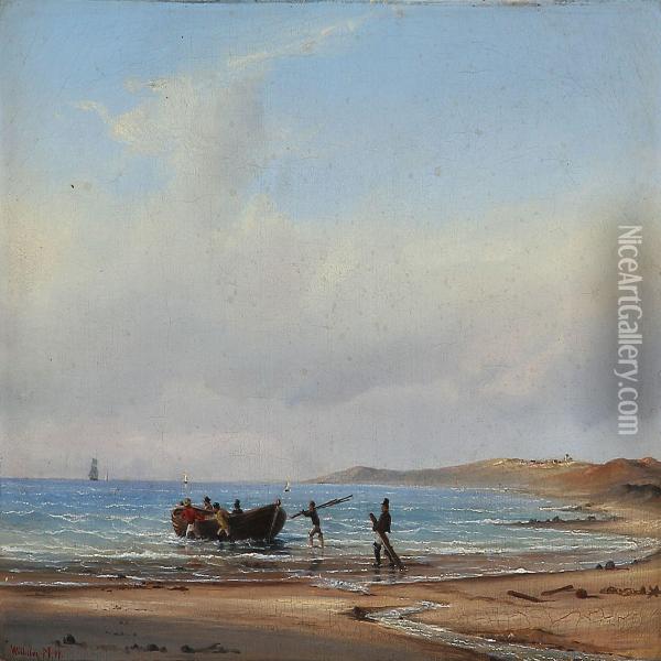 Coastal Scene With Fishermen Pulling A Rowboat Out To The Sea Oil Painting - Vilhelm Melbye