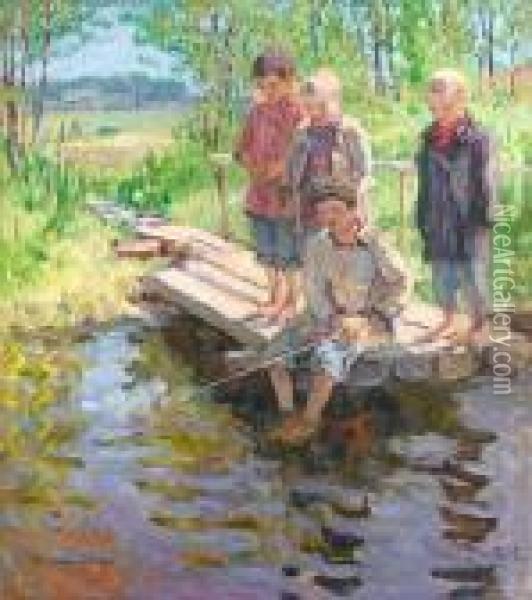 Little Boys Eager For A Catch Oil Painting - Nikolai Petrovich Bogdanov-Belsky