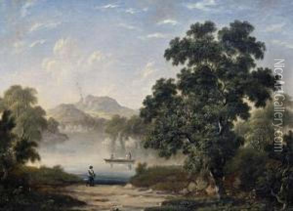 Lake Landscape With Figures In A Boat Oil Painting - Robert, Reverend Woodley-Brown