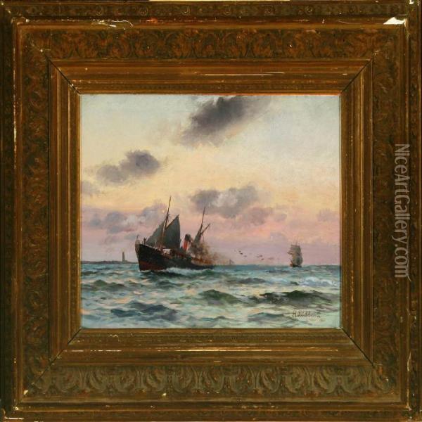 Seascape With Motor Ship And Sailing Ship Off Lighthouse Oil Painting - Holger Peter Svane Lubbers