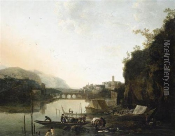 An Italianate River Landscape With A Capriccio View Of A Town And A Broken Bridge Beyond, A Ferry-boat And Bathers In The Foreground Oil Painting - Adam Pynacker