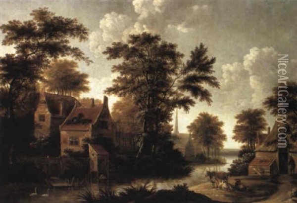 Village On River With Peasants At Cottage Oil Painting - Isaac Coene