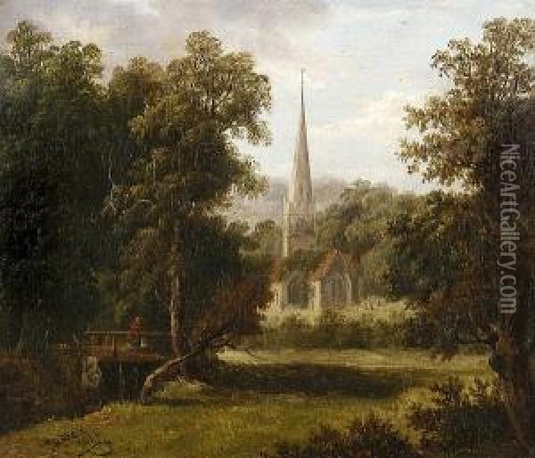 Figure On A Bridge By A Church Oil Painting - Thomas Baker Of Leamington