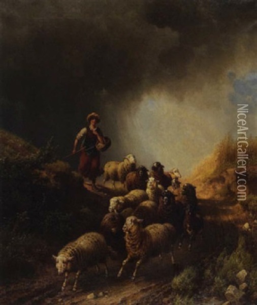 Heimtreib Der Schafe Vor Dem Gewitter Oil Painting - Adolf Nickol