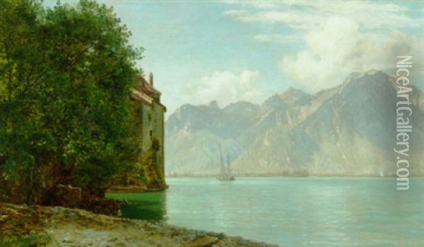 Parti Fra Slottet Chillon Mod Lac Leman Oil Painting - Janus la Cour