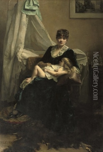 An Elegant Lady In An Interior With Sleeping Child Oil Painting - Fanny Laurent Fleury