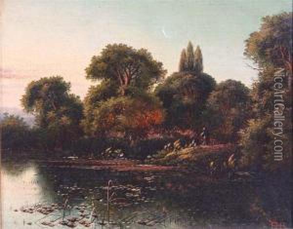 Lake Scene With Figure Oil Painting - Edwin H., Boddington Jnr.