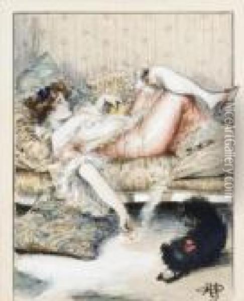 Jeune Femme Et Son Chien Dans Un Boudoir Oil Painting - Albert Guillaume