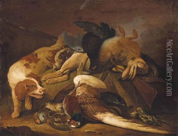 Dead Game With A Hare, Pheasants And Grouse With A Spaniel, In A Landscape Oil Painting - Charles Collins