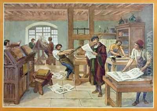 The Invention by Gutenberg of Moveable Type printing Oil Painting - J. L. Beuzon