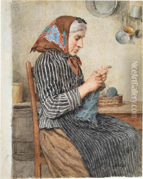 Eine Bauerin Aus Ins Beim Stricken In Der Kuche Oil Painting - Albert Anker