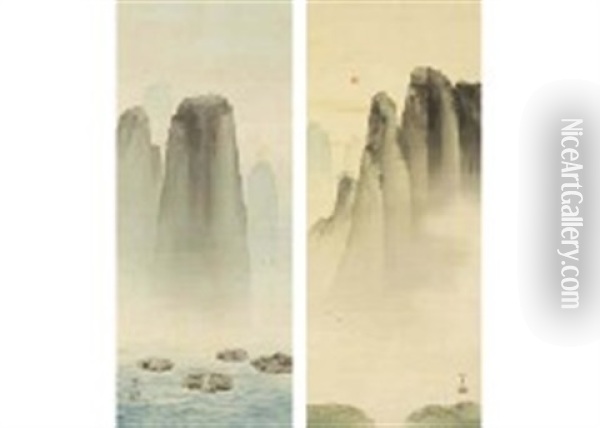 Landscape (2 Works) Oil Painting - Kogetsu Saigo