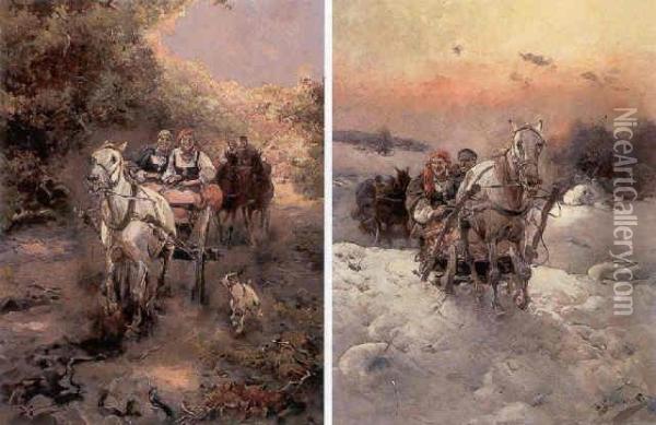 Winter Horse Ride (#) Summer Horse Ride Oil Painting - Alfred Wierusz-Kowalski