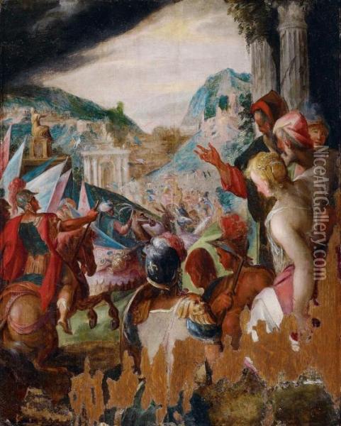 Triumphaler Einzug Siegreicher Soldaten In Eine Stadt. Oil Painting - Hans Von Aachen