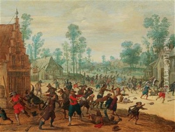 Soldiers Fighting In A Village Oil Painting - Sebastian Vrancx