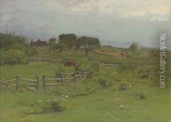 Cattle Grazing with a Farm in the Distance Oil Painting - John Joseph Enneking